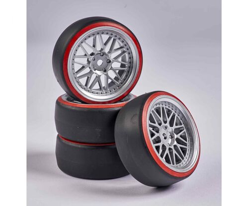 SET RUEDAS DRIFT CON LLANTA 4UDS Y-DESIGN PLATEADO/ROJO