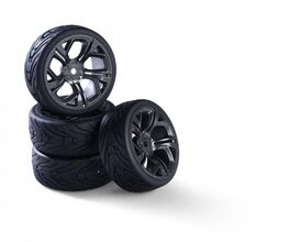 RUEDAS PISTA CON LLANTA 1/10 CARSON Y-DESIGN GRIS-NEGRO 4UDS